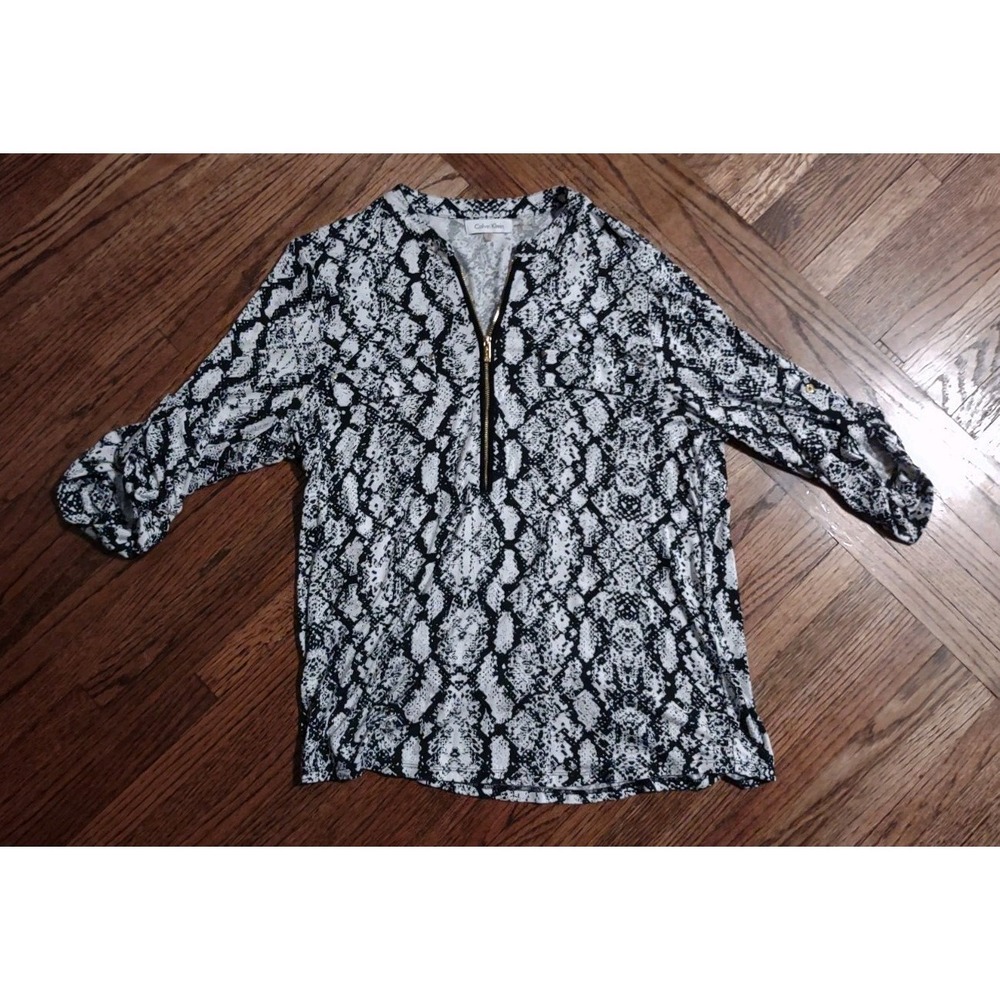 Calvin Klein Womens Snakeskin Print Quarter Zip Roll Tab Sleeve Blouse M4VH6843